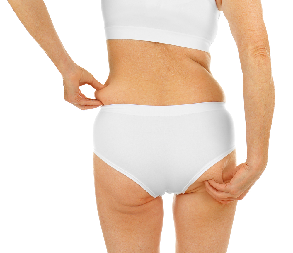 Butt lift and anti cellulite woman body concept. Bikini white panties on  female close up isolated on white background. Plastic surgery and  liposuction. Cropped image. Skin care and bodycare. Healthy 13936393 Stock